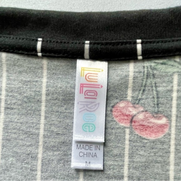 NWT LulaRoe Christy T Black White Stripe Cherry Print SzM Short Sleeve V-Neck - Picture 2 of 10